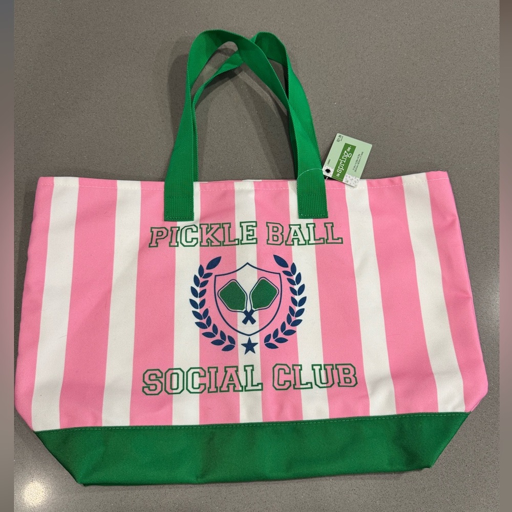 The Spring Shop Pickleball Social Club Striped Tote Bag - Pink & Green NWT